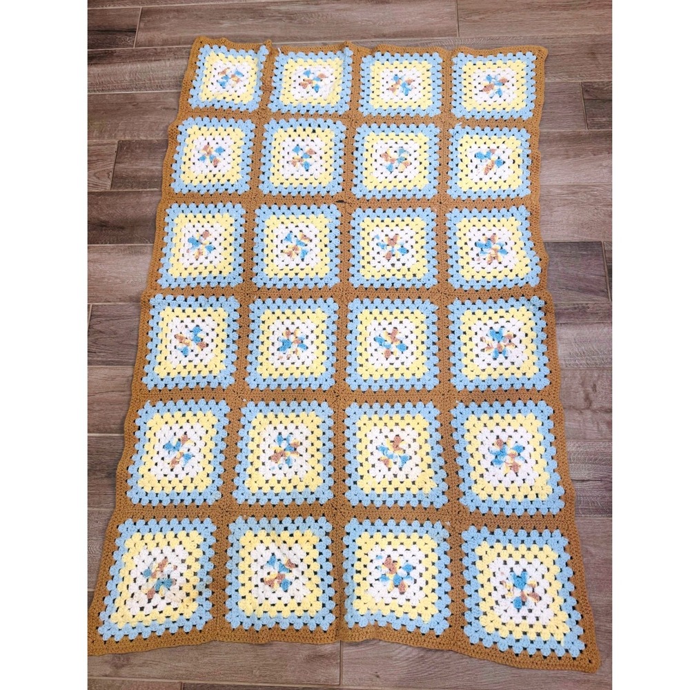 Handmade‎ Crochet Granny Square Throw Blanket Afghan Pastel Blue Yellow 40x57